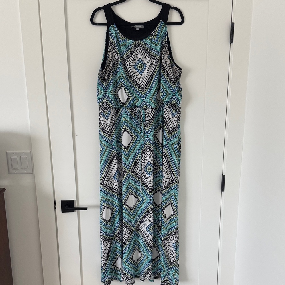 NY Collection Teal, Black and White Sleeveless Geometric Maxi Dress